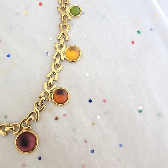 GLOWING GLASS CABOCHON GOLD TONE NECKLACE MULTICOLOR NEW - Picture 3 of 7